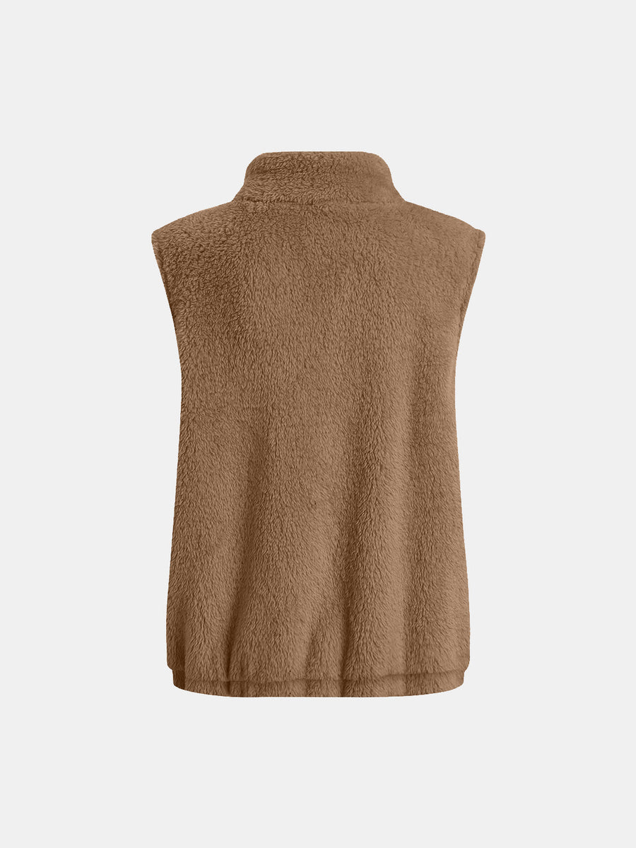 Teddy fleece stand-collar vest in camel, sleeveless with elastic hem.
