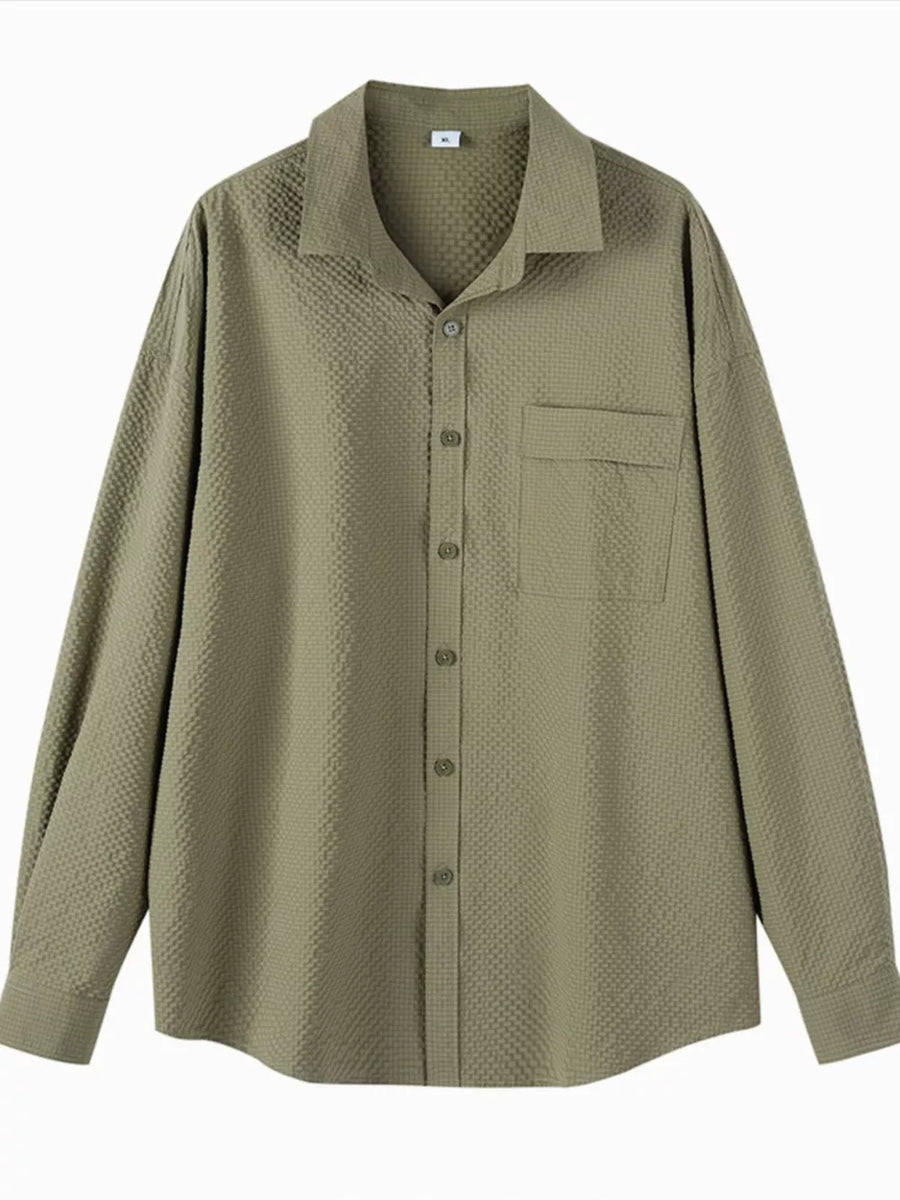 Pea green textured oversized button-up shirt with a chest pocket and classic collar.