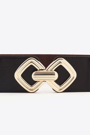 Black elasticated waist belt with a gold geometric buckle detail