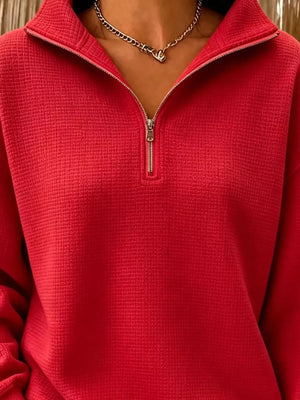 Full Size Waffle Knit Quarter-zip Sweatshirt Plus Size in navy blue with zipper