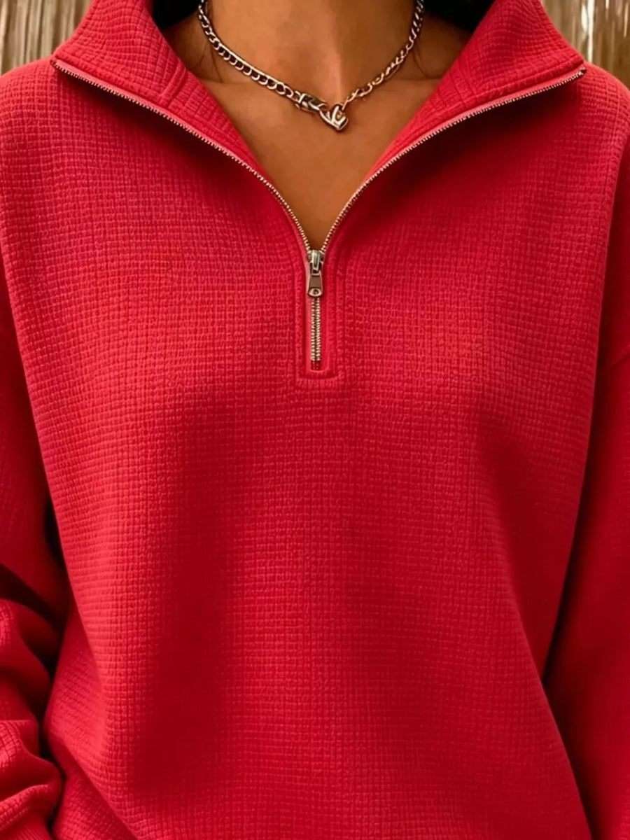 Full Size Waffle Knit Quarter-zip Sweatshirt Plus Size in navy blue with zipper