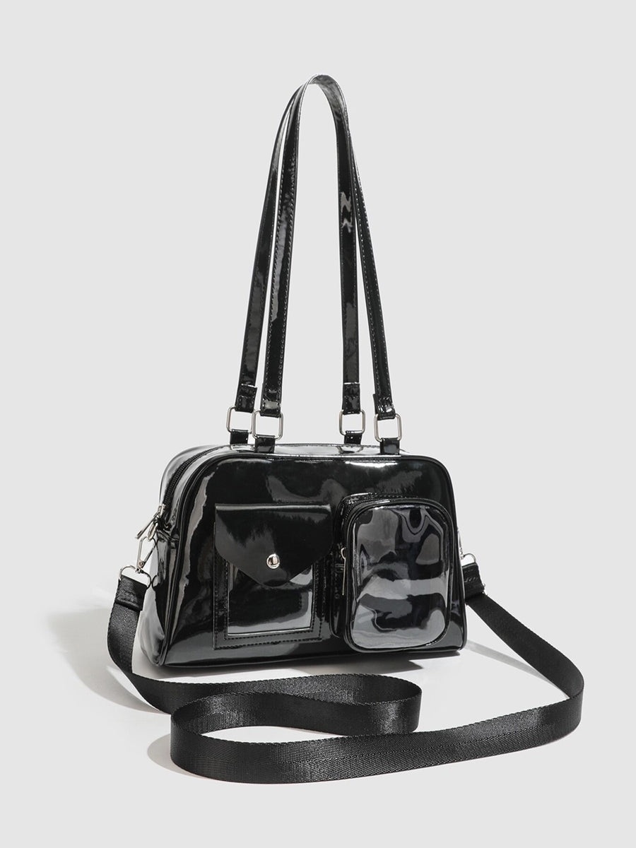 Glossy Patent Leather Multi-Pocket Shoulder Bag in black with multi-pocket