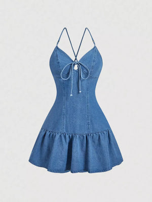 85% cotton, 15% polyester Care instructions: Machine wash cold mini dress in denim blue with fit-and-flare silhouette