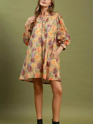 pale yellow A-line dress with floral and mandarin collar