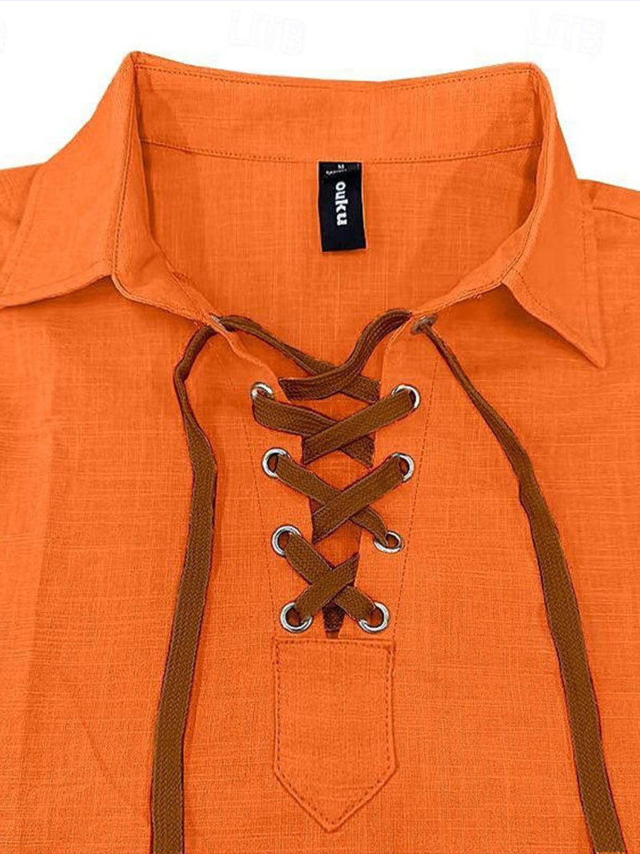 Orange cotton undershirt with V-neck lace-up detail and collar