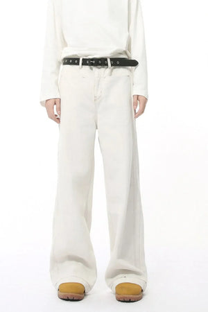 Stitched edge straight-leg jeans in light wash cotton denim with a relaxed fit.