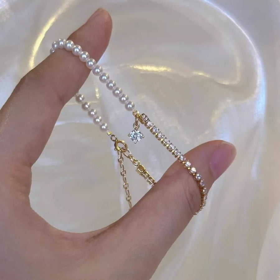 Synthetic Pearl,18K Gold-Plated,Zircon Care instructions: Avoid wearing during e bracelet in clear with fitted silhouette