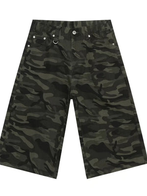 Wide-leg denim culottes in Army Green camouflage print with distressed details.