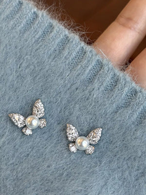 Butterfly Pearl Stud Earrings Silver Alloy Zircon in ivory with butterfly motif