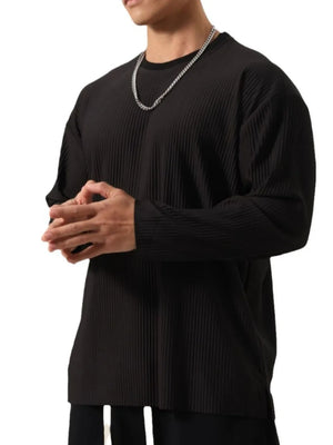 Black textured ribbed long sleeve oversized tee with crew neck.
