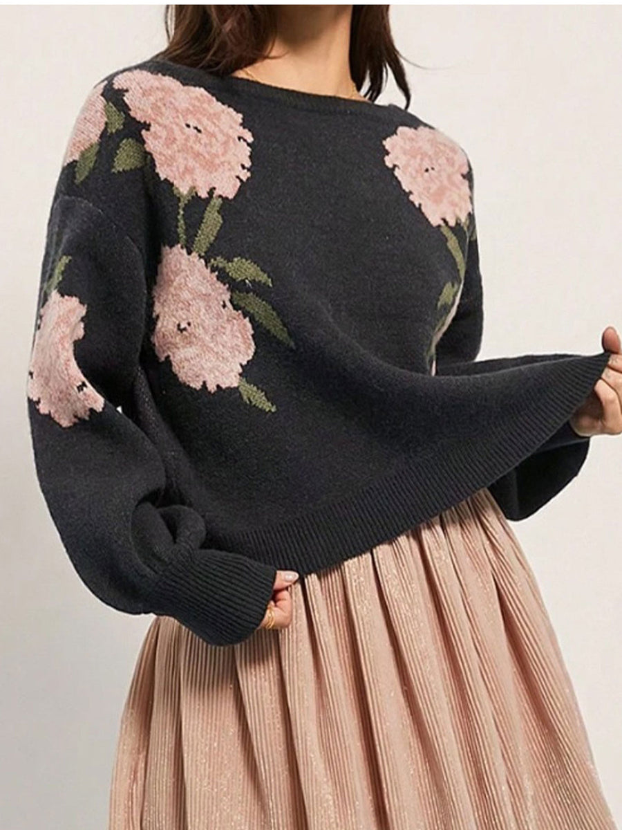 pullover sweater in Gray with floral and dropped shoulder