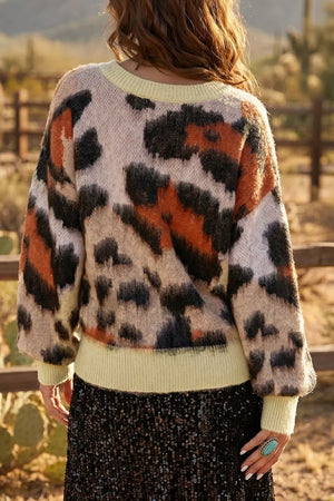 rust pullover sweater featuring drop shoulder and leopard-print