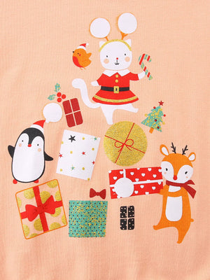 Children's watermelon pink cotton sweatshirt with festive holiday print of animals and gifts.