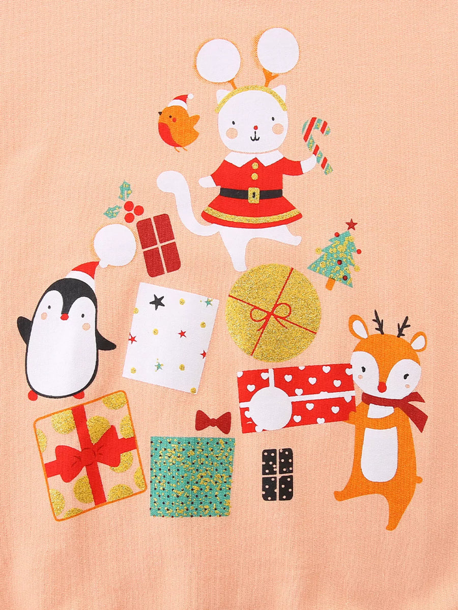 Children's watermelon pink cotton sweatshirt with festive holiday print of animals and gifts.