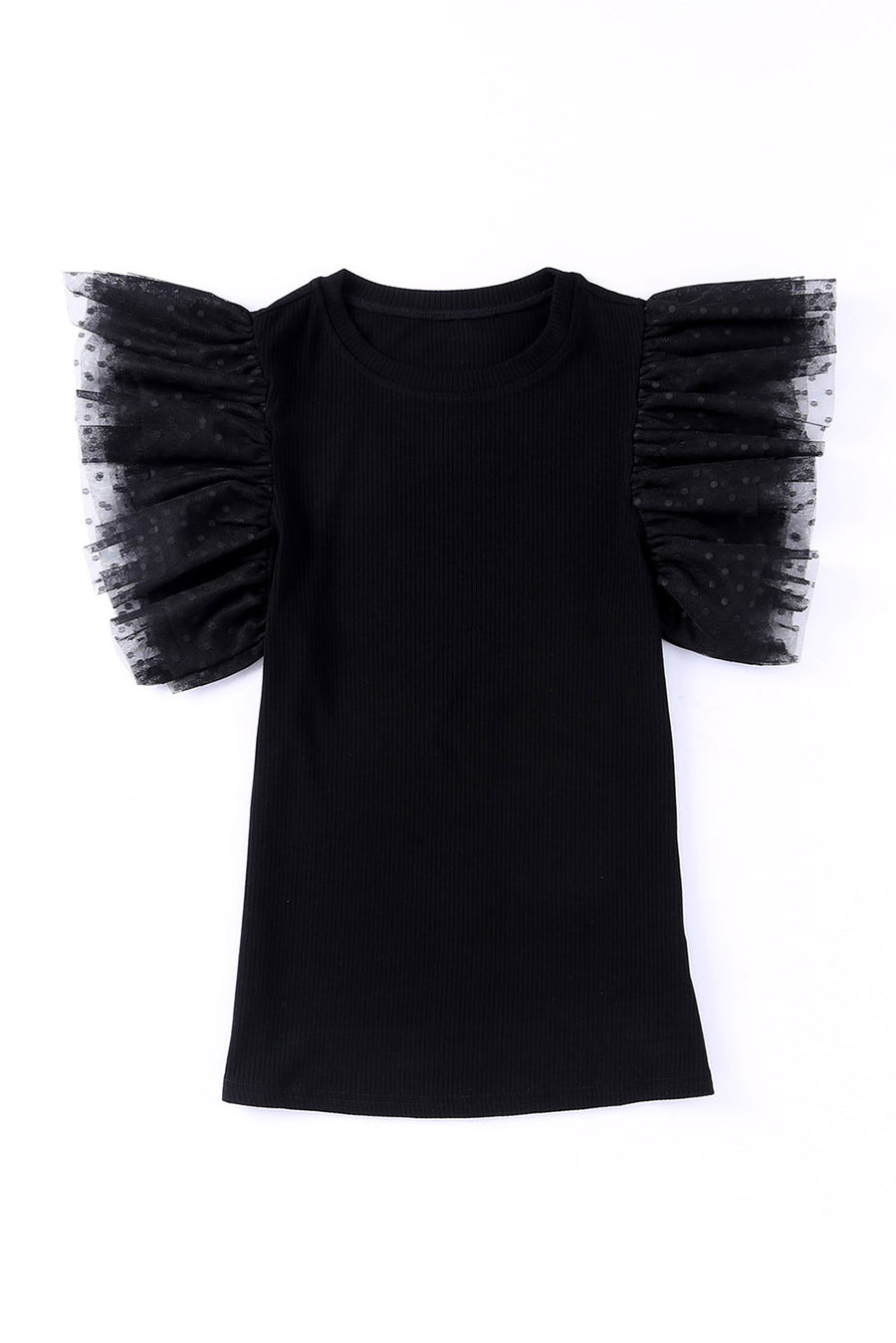 Black ribbed knit blouse with sheer dot mesh flutter sleeves.