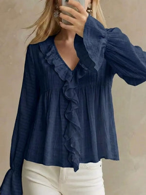 Ruffled V-neck Flounce Sleeve Blouse in Dark Blue