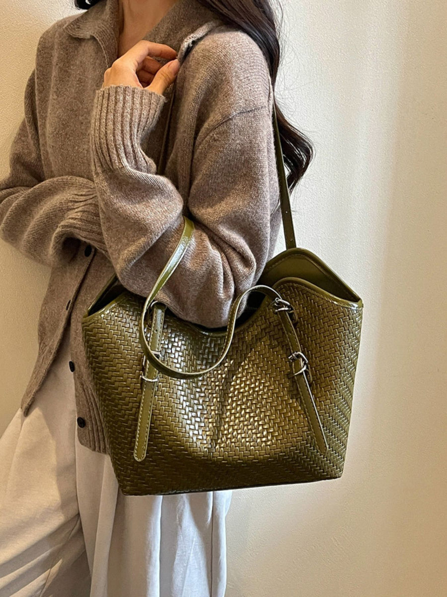 Green tote featuring woven texture and woven