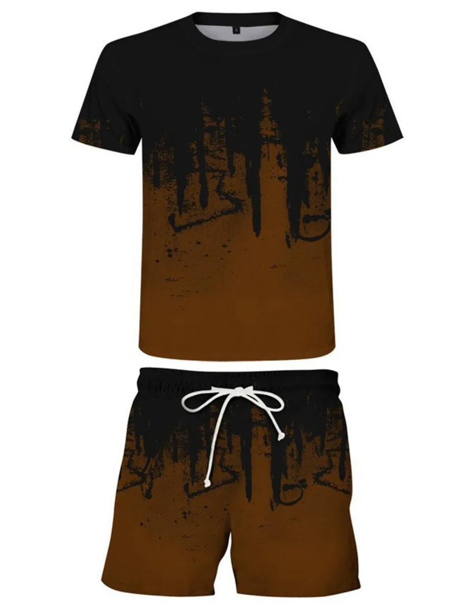 Brown and black abstract graphic tee and shorts set with white drawstring.