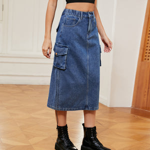 Blue denim midi skirt with cargo pockets