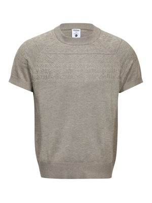 taupe pullover sweater with geometric and crew neck