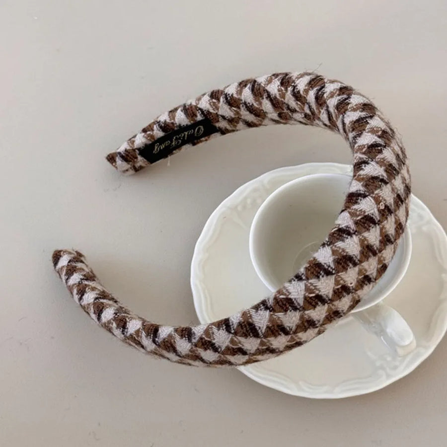 Textured tweed padded headband in coffee brown geometric pattern.