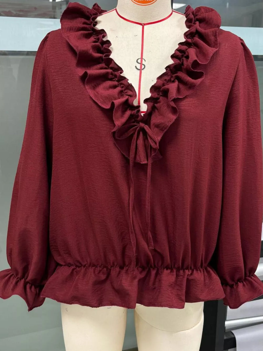 blouse in Brown with ruffles and hip-length