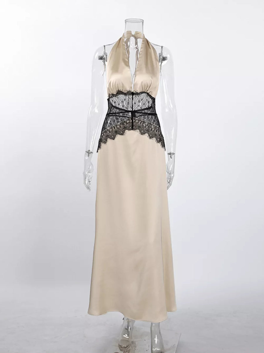 97% polyester, 3% spandex Care instructions: Machine wash cold maxi dress in black with A-line silhouette