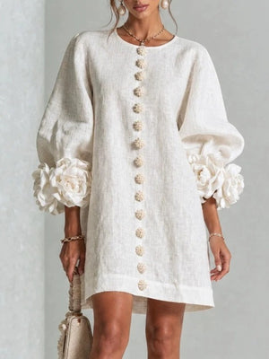 3D Floral Sleeve Round Neck Mini Dress Plus Size in Green with 3D floral appliques