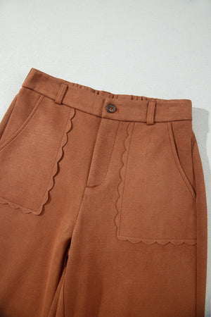 Scalloped Edge Pocket Full-Length Pants in Caramel with scalloped edge