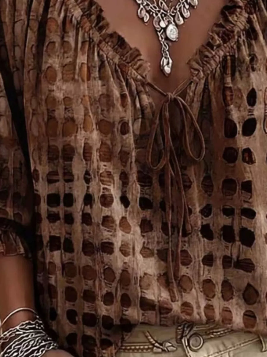 Caramel Full Size Tie Neck 3/4 Sleeve Blouse Plus Size
