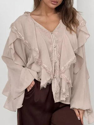 blouse in beige featuring lace trim and loose fit