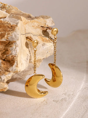 Gold celestial crescent drop earrings with chain detail