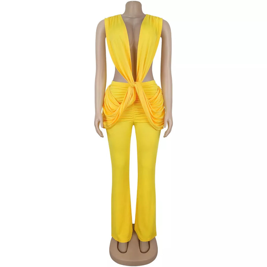 Deep V-neck Knot-front Flare Leg Jumpsuit in Blush Pink with tied