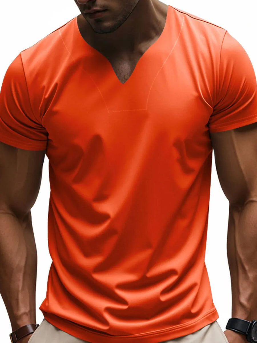 Orange V-neck performance tee for him, short sleeves, casual athletic fit