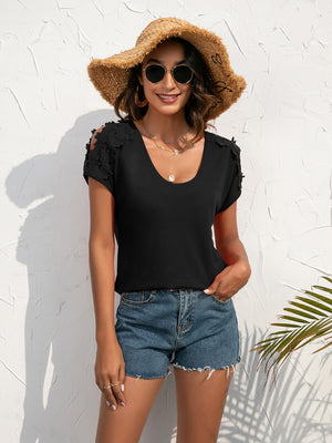 Black t-shirt with lace shoulder detail and scoop neck.