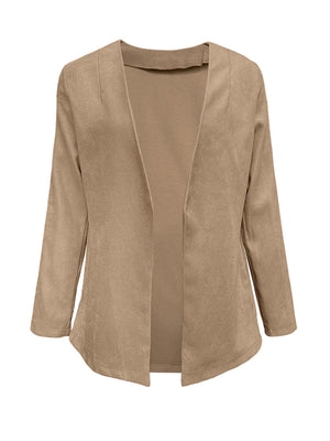 Camel suede-effect open front blazer with long sleeves and a draped neckline.