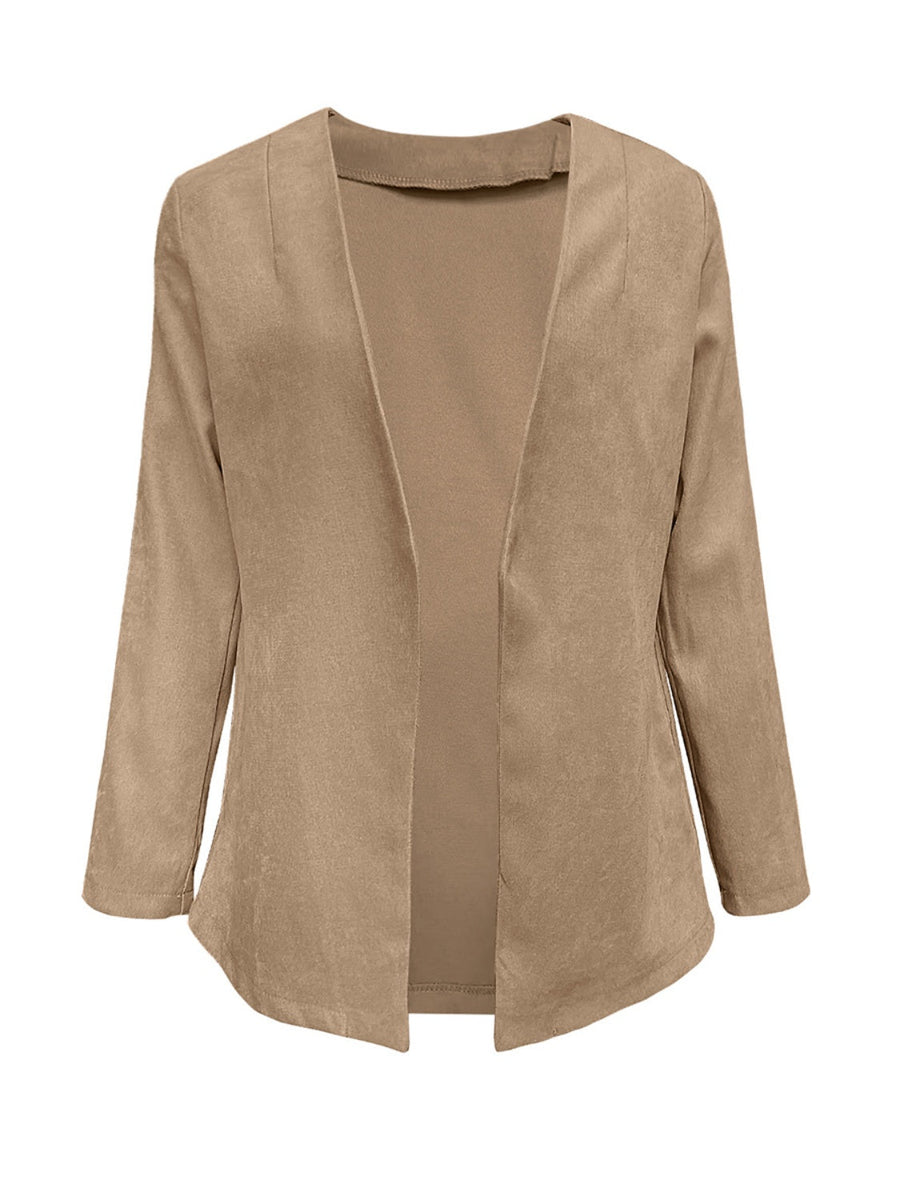 Camel suede-effect open front blazer with long sleeves and a draped neckline.
