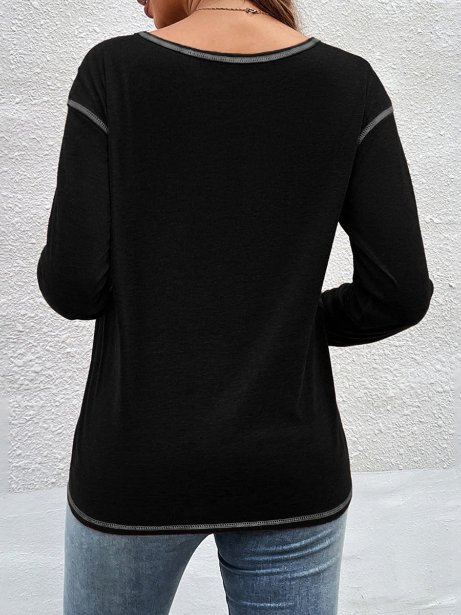 Burgundy t-shirt with decorative buttons and long sleeve