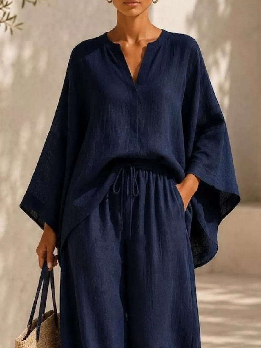 Notched Long Sleeve Top And Wide-leg Pants Set in White