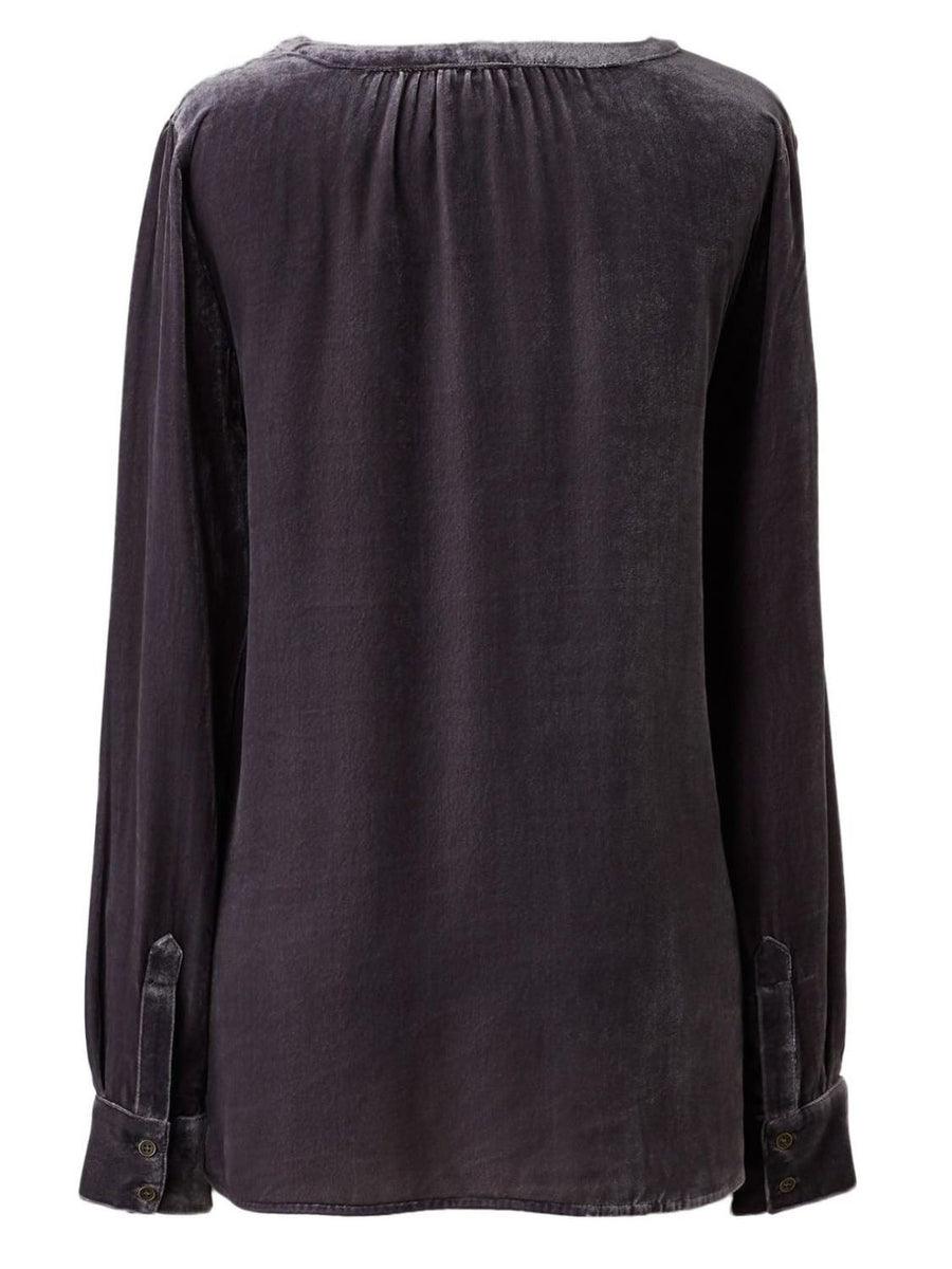 Velvet gathered yoke blouse with buttoned cuffs in a dark grey hue.