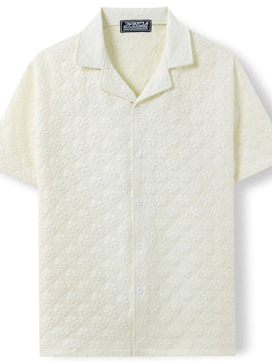 Ivory embossed floral camp collar shirt with short sleeves and button front.