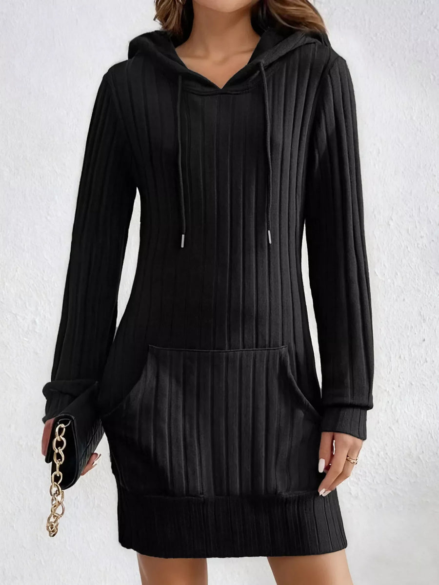 Black ribbed knit hoodie dress with drawstring and front pocket, long sleeves.