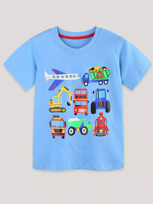 Blue cotton t-shirt with a playful cartoon vehicle print including an airplane, excavator, trucks, and train.