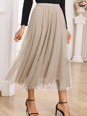 Lace overlay flared midi skirt in beige with a full, flowing silhouette.