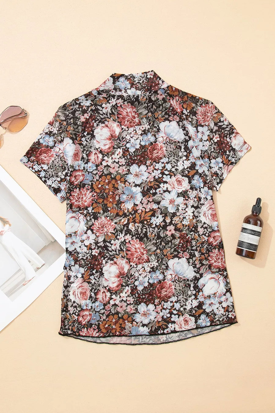 blouse in pink with floral and sheer