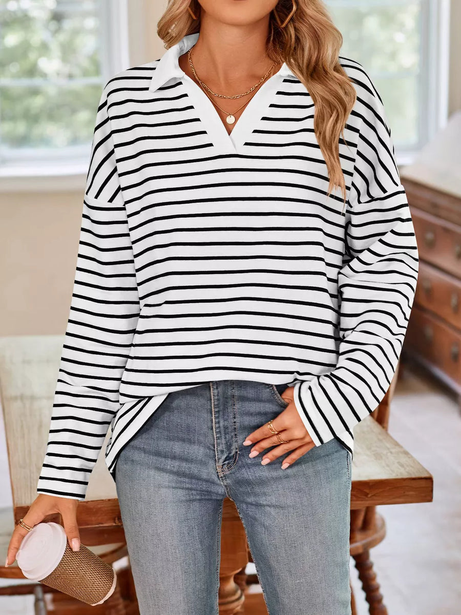 white t-shirt featuring stretch and striped