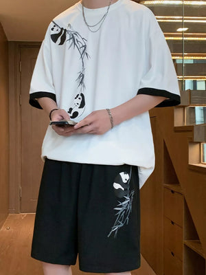 Black Men's Full Size Panda Bamboo Print Tee And Shorts Set