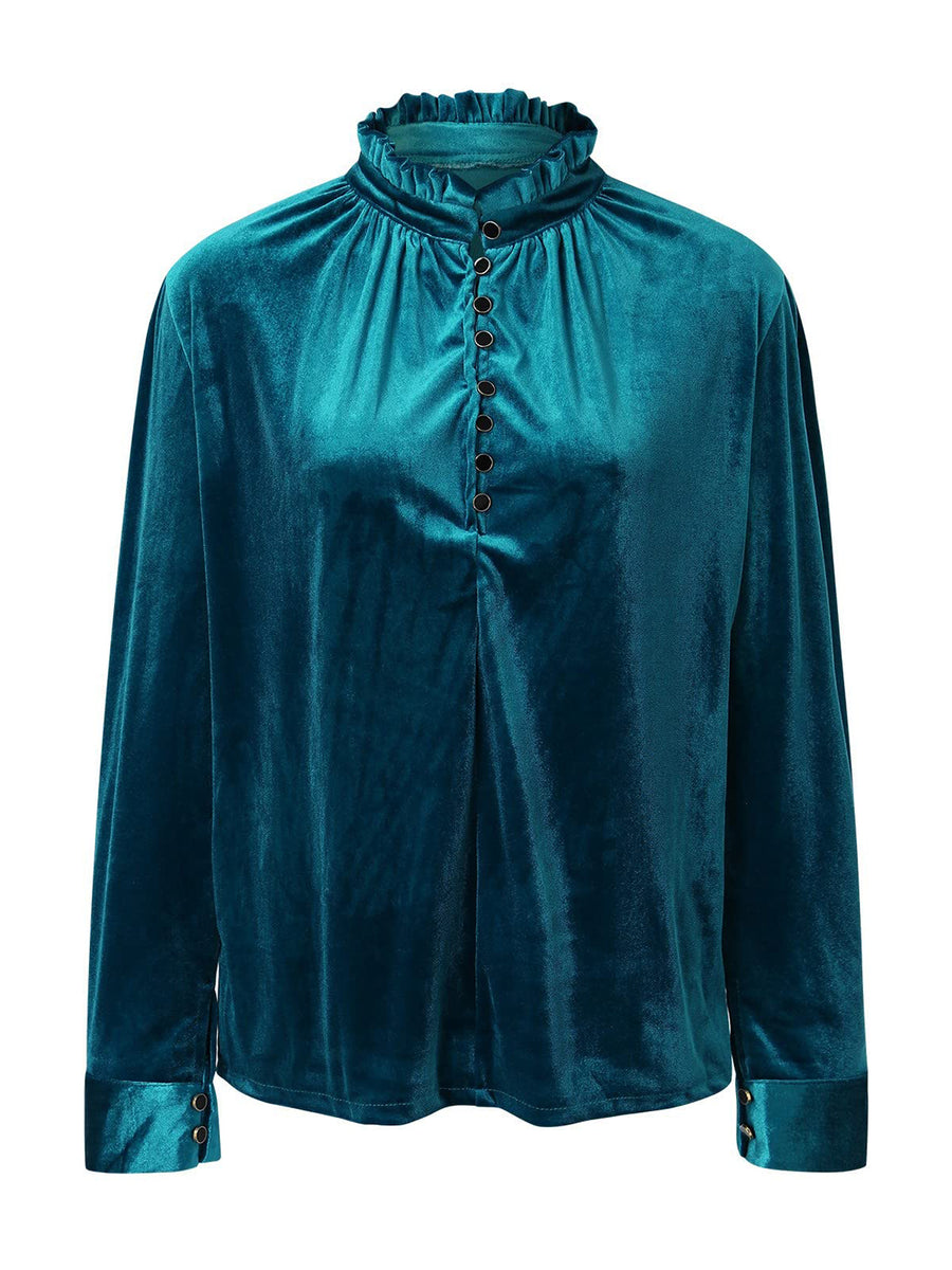 Teal velvet blouse with mandarin collar, ruffled neckline, and button front.