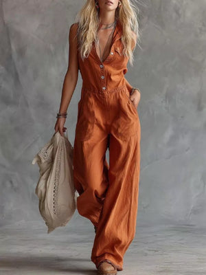 jumpsuit in rust featuring buttoned and wide-leg fit