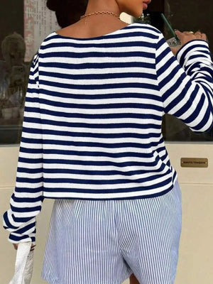 Boat Neck Striped Long Sleeve T-shirt in Navy Blue with stretch
